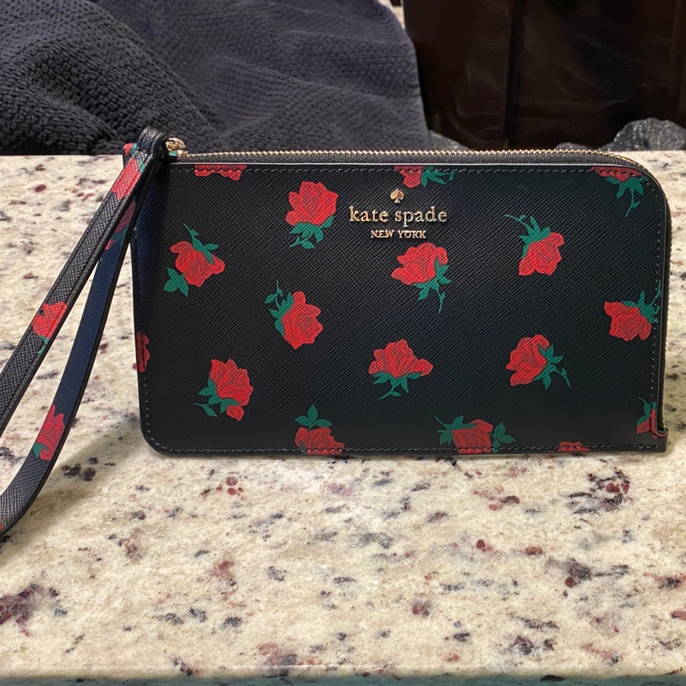 Kate Spade Black Wristlet with Red Floral Design